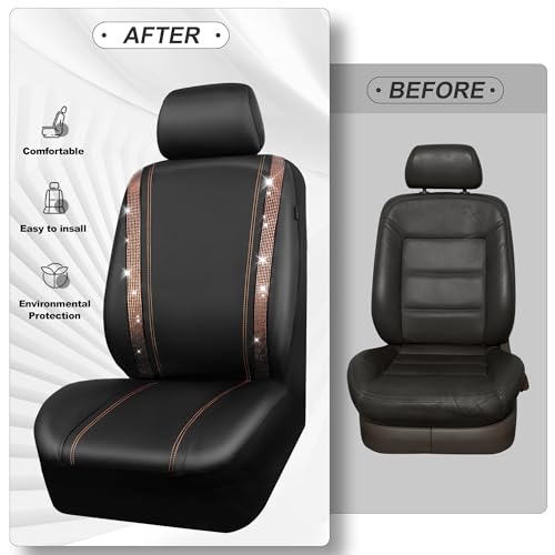 CAR PASS Bling Diamond Car Seat Covers Full Sets, Shining Rhinestone Waterproof Faux Leather, with Zipper, Universal Fit Automotive Glitter Crystal Sparkle Strips Cute Women Girl, Champagne Gold - color: Champagne Gold Diamond, size: Full Set