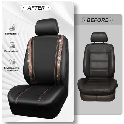 CAR PASS Bling Diamond Car Seat Covers Full Sets, Shining Rhinestone Waterproof Faux Leather, with Zipper, Universal Fit Automotive Glitter Crystal Sparkle Strips Cute Women Girl, Champagne Gold - color: Champagne Gold Diamond, size: Full Set