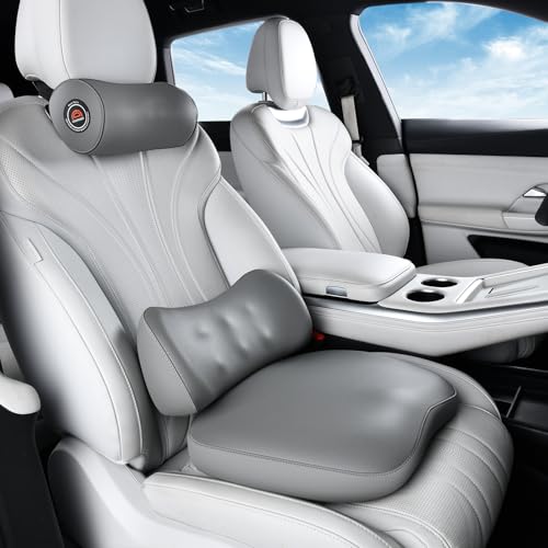 Coverado Seat Cushion and Lumbar Support Pillow for Driving Seat, Neck Headrest Pillow with Adjustable Strap, Soft and Breathable PU Leather, High Density Memory Foam for Neck & Lower Back Pain Relief - color: Gray, size: Headrest+Lumbar Support+Cushion