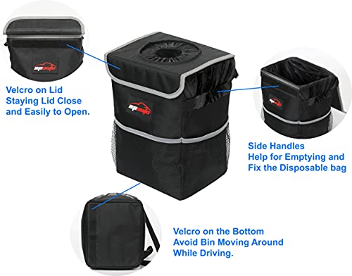 EPAuto Waterproof Car Trash Can with Lid and Storage Pockets, 2.5 Gallon, Black - color: Black