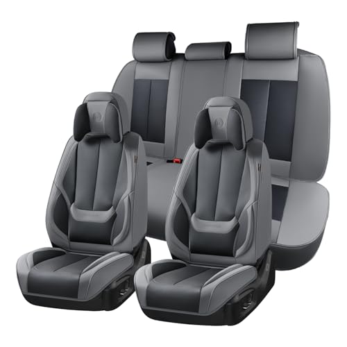 Coverado Seat Covers Full Set, 5 Seats Seat Covers for Cars, Waterproof Nappa Leather Car Seat Covers with Head Pillow, Seat Protectors Car Seat Cushion Universal Fit for Most Cars (Gray&Black) - color: Gray&Black(Pillow), size: FullSet