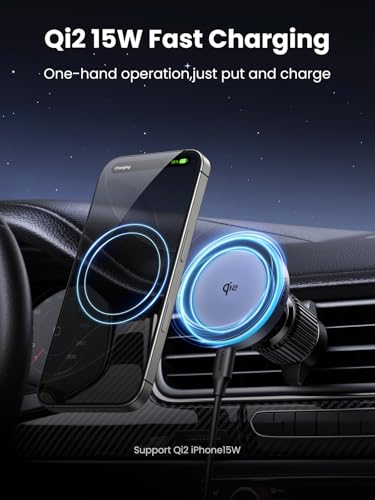 UGREEN Qi2 Wireless Car Charger, 15W Fast Charging Strong Magnetic Car Phone Holder with LED Light for iPhone 17/16/15/14/13/12 Series Car Accessories