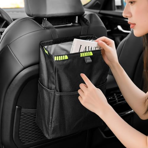 Hanging Car Trash Can with Lid and Storage Pockets Portable Leakproof Vehicle Trash Bag for Car Trips Commuters(Black)