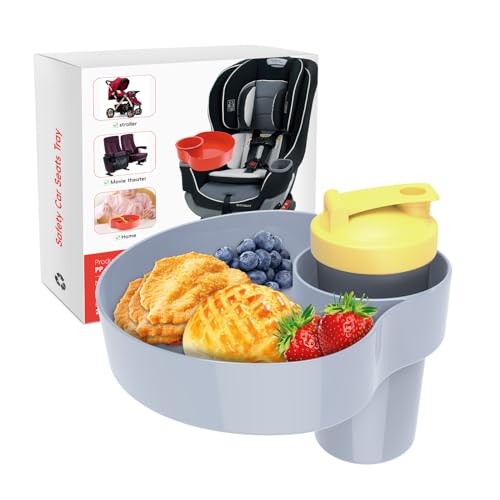 Car Seat Snack Tray for Kids: Kids Car Travel Tray with Cup Holder, Toddlers Road Trip Essential, Snacks Food Plate for Stroller, SnackTray with a Cup Holder (2, Gray) - color: gray