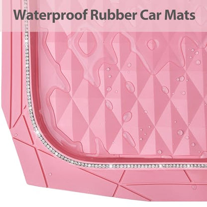CAR PASS Bling Diamond Rubber Car Mats, Heavy Duty Deep Dish All-Weather Floor Mat Full Set Anti-Slip 3D Rhombus Waterproof Trim Fit Liner Universal Glitter Sparkly Shining Rhinestone, Pink Rubber - color: Pink Diamond