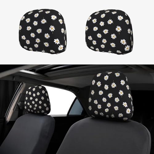 2 Pcs Headrest Covers for Cars Seat Daisy Floral Headrest Protector Universal Washable Car Interior Seat Accessories Black Wildflower Cute Head Rest Cover for Van SUV Truck - color: Daisy Floral