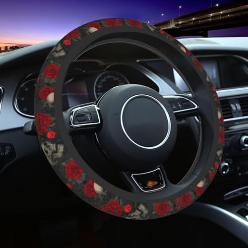 Halloween Skull Steering Wheel Cover Elastic Non-Slip Car Steering Wheel Covers with Seat Belt Shoulder Pad for Women Men - color: Halloween Skull