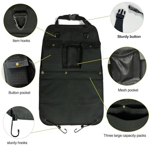 Black Car Seat Back Organizer with Multiple Pockets and Hooks - color: black