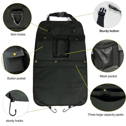 Black Car Seat Back Organizer with Multiple Pockets and Hooks - color: black