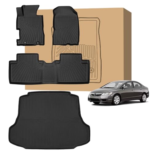 Peleus Floor Mats for Honda Civic 2006-2011,8th Gen Civic Si Sedan (Not Fit Coupe),TPE All Weather Protection 2 Rows Car Floor Liners with Cargo Liner Honda Civic Trunk Mat+Floor Mats - style: For Honda Civic 2005-2011