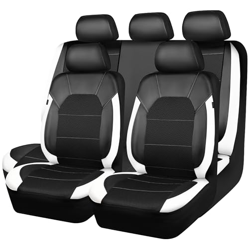CAR PASS Universal Leather Car Seat Covers Full Set with Sporty Design, Breathable All Season Easy to Clean Anti-slip Wear-Resistant Automotive Seat Covers Fit for Most Cars, SUVs, Trucks, Black White - color: Black&White, size: Full Set