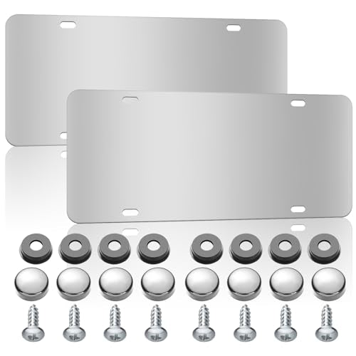 2 Pack 12 x 6 Inch License Plate Backing Stainless Steel License Plate Bracket Silver Polished Car Holder, with Screws, Chrome Caps, Heavy Duty Rustproof Metal Front Rear Car Tag