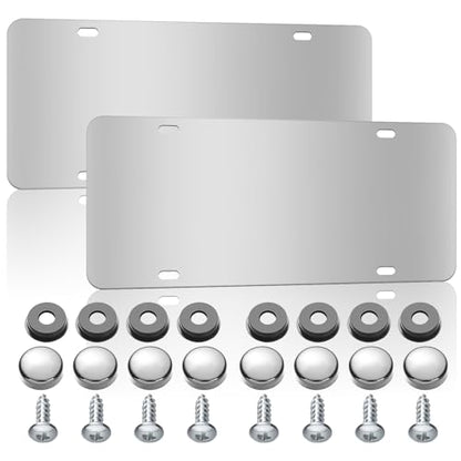 2 Pack 12 x 6 Inch License Plate Backing Stainless Steel License Plate Bracket Silver Polished Car Holder, with Screws, Chrome Caps, Heavy Duty Rustproof Metal Front Rear Car Tag