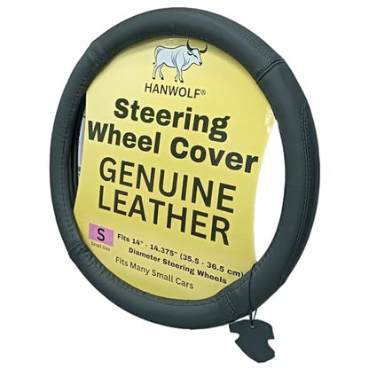 Steering Wheel Cover, Black, Real Genuine Leather, Small, 14 inch, for Men and Women, Universal, Stretch On, Heat Resistant, Stays Cool, Non-Slip, HANWOLF - color: Black, size: Small (14 to 14.375 inch diameter)