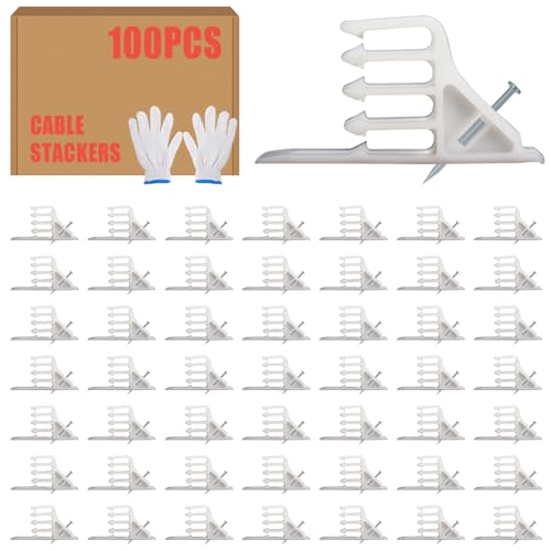 100Pcs Cable Stackers, White Cable Staples Clips with Steel Nails, Electrical Wire stackers, Insulated Cord Staples Multi Cable Wire Clips for Suitable Most Cables - color: 100Pcs-White