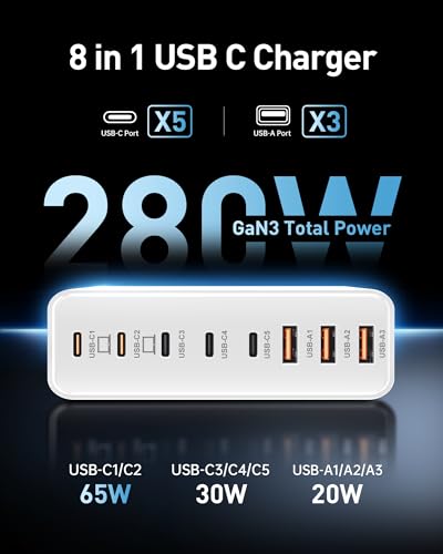 280W USB C Charger Block, 8-Port USB C Charging Station GaN III PD 65W Laptop Charger Adapter Compatible with MacBookPro/Air,DELL,iPad,Portable Charging Station for iPhone,Samsung Galaxy (White) - color: White
