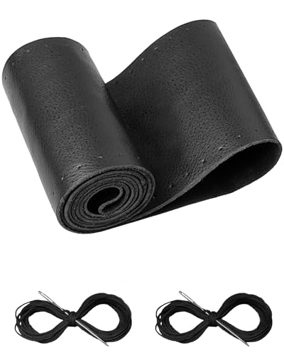 Belinous Leather Steering Wheel Cover Lace Up, Stitch on Steering Wheel Wrap, Universal Fit 13-20 Inch Car Truck Pickup Boat, A Whole Piece of Cowhide, DIY w/Needle Thread (Size XL0, Black) - color: Black, size: Xl0
