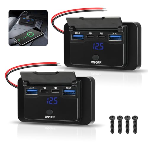 2 Pack 78W 12V USB Outlet Panel Wall Mount with Blue Voltmeter Dual 36W PD & Dual 18W QC3.0 Car USB Port Lightweight 12V USB Charger with ON/Off Switch - size: Pack of 2