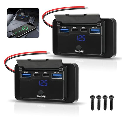 2 Pack 78W 12V USB Outlet Panel Wall Mount with Blue Voltmeter Dual 36W PD & Dual 18W QC3.0 Car USB Port Lightweight 12V USB Charger with ON/Off Switch - size: Pack of 2