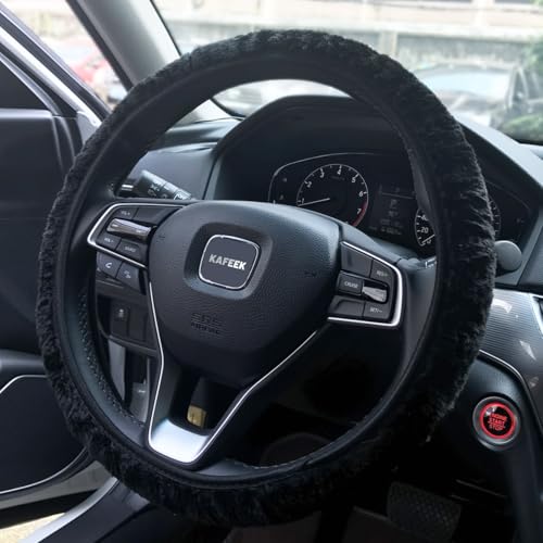 KAFEEK Elastic Long Microfiber Plush Steering Wheel Cover for Winter Warm, Universal 15 inch, Anti-Slip, Odorless, Black - color: Black