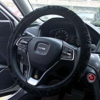 KAFEEK Elastic Long Microfiber Plush Steering Wheel Cover for Winter Warm, Universal 15 inch, Anti-Slip, Odorless, Black - color: Black