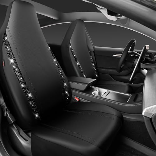 CAR PASS Leather Car Seat Covers High Back Bucket Bling Diamond Front Seats, Waterproof Universal Shining Glitter Crystal Sparkle Fit Model 3 Tesla Model Y, Truck SUV Cute Women Girl, Black Rhinestone - color: Black Rhinestone, size: Two Front Seats