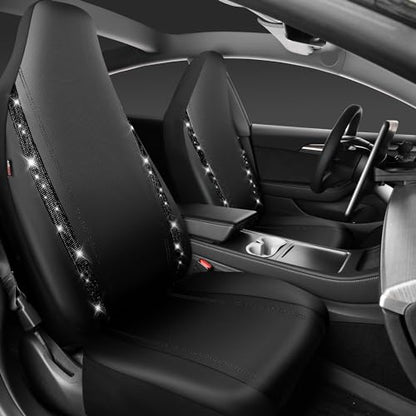 CAR PASS Leather Car Seat Covers High Back Bucket Bling Diamond Front Seats, Waterproof Universal Shining Glitter Crystal Sparkle Fit Model 3 Tesla Model Y, Truck SUV Cute Women Girl, Black Rhinestone - color: Black Rhinestone, size: Two Front Seats