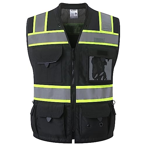 JKSafety Hi-Vis Unisex Surveyor Safety Vest Heavy Duty PPE Inner Pockets ANSI/ISEA Compliant - color: 188-black, size: 3X-Large