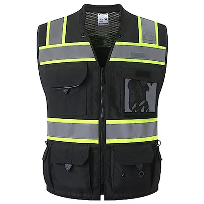 JKSafety Hi-Vis Unisex Surveyor Safety Vest Heavy Duty PPE Inner Pockets ANSI/ISEA Compliant - color: 188-black, size: X-Large