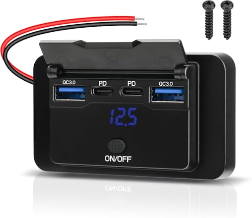78W 12V USB Outlet Panel Wall Mount with Blue Voltmeter Dual 36W PD & Dual 18W QC3.0 Car USB Port Lightweight 12V USB Charger with ON/Off Switch - size: Pack of 1