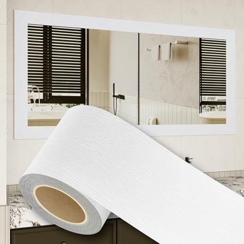 Peel and Stick Wallpaper Borders 390” x 4” Self Adhesive Mirror Frame Border Wood Grain DIY for Kitchen Bathroom Mirror Removal Border Sticker Wall Decor Cover 10.8 Sq.Ft, White Wood - color: White Wood, size: 4" x 390"