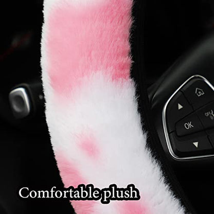 Pinbola 5pcs in 1 Set Faux Wool Steering Wheel Cover Soft Fluffy Handbrake Cover & Gear Shift Cover & 2pcs Seat Belt Shoulder Pads Warm Universal Fit for 15 Inch (Cow Pink) - color: Cow Pink