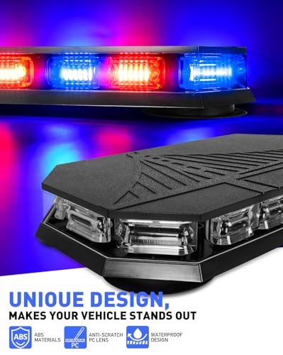 HLauto 406D Rooftop Emergency Strobe Lights Bar, 102 LED Red Blue Mini Beacon Safety Flashing Warning Traffic Lights Bar w/Magnetic Base for 12-24V Trucks, Construction Vehicles, Snowplow, Cars - color: Red/Blue