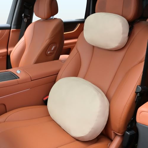 FLORICH Double-sided Car Headrest & Lumbar Support Cushion Skin-friendly Suede & Leather Car Seat Pillow and Back Support Soft Neck & Tailbone Cushion for Car Office Chair Neck Back Pain Relief, Beige - color: Beige