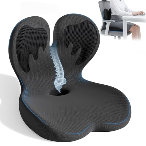 Memory Foam Seat Cushion,Orthopedic Ergonomic Seat Cushions for Tailbone,Sciatica, and Back Pressure Relief,L-Shaped Design & Adjustable Strap,Lumbar Support Pillow for Office,Car,Desk Chair - color: Black Mesh