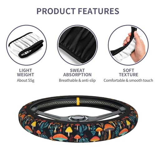 Mushroom Woodland Steering Wheel Cover Mushroom Fern Cute Steering Wheel Cover Woodland Anti-Slip Breathable Universal for 14-15 Inch Car with 2 Pieces Car Coasters for Women Men - color: Mushroom2