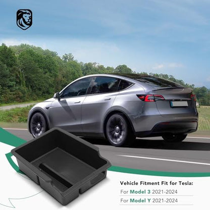 YHTAUTO Center Console Organizer Tray Fit for Tesla Model 3 2021 2022 2023 & Model Y 2021 2022 2023 2024, Center Armrest Storage Box with Sunglass Holder Non-slip - Matt Black - color: Center Armrest