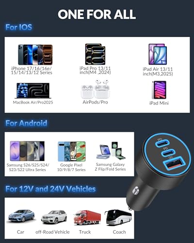 67W USB C Car Charger Super Fast Charging, 2Pack 3-Port 12-24V Car Accessories Phone Cigarette Lighter Adapter with USB C PD&QC 3.0 Fast Charger for iPhone 17 16 15 14 13 12 11 Pro Max, iPad, Galaxy