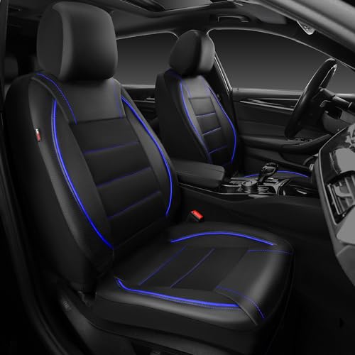 CAR PASS Universal FIT Piping Leather Two Front Seat Covers, Waterproof Faux Leather for SUV Sedan Van Truck, Airbag Compatible,Reserved Opening Holes for Headrest Covers. (Black and Blue) - color: Black Blue