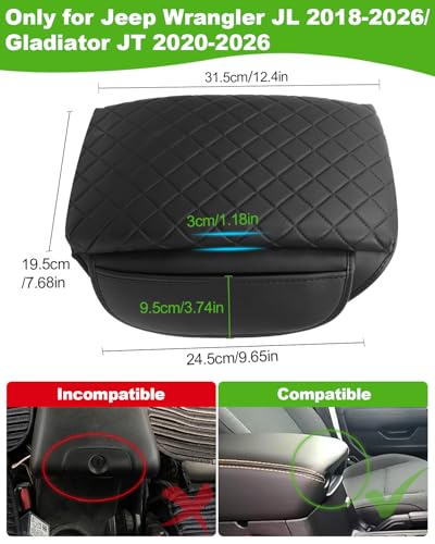 for Jeep Wrangler JL 2026 2025-2018 Center Console Cover for Jeep Gladiator JT 2026 2025-2020 Armrest Cover Jeep Accessories Arm Rest Pad Console Cushion Lid Black Leather with Pockets