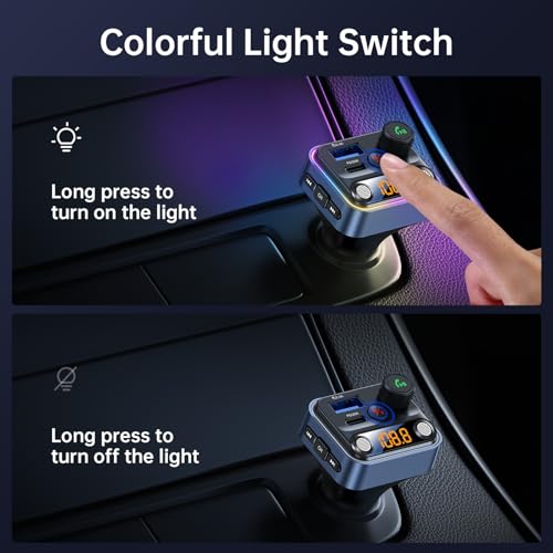Syncwire Bluetooth 5.4 FM Transmitter Car Adapter 42W [Light Switch] [Stronger Dual Mics] [HiFi Bass Sound] [Fast Charging] Wireless FM Radio Music Adapter Hands-Free Calling Support USB Drive, Blue - color: Blue