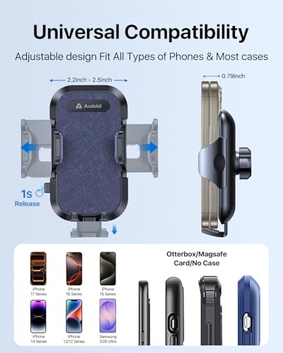 andobil Car Phone Holder Mount (Strong Suction&Bumpy Road Stable) Phone Holders for Your Car, Cell Phone Car Mount for Windshield Dash Vent Truck Cradle Stand for iPhone 17 16 15 14 Pro Max, Blue - color: Blue