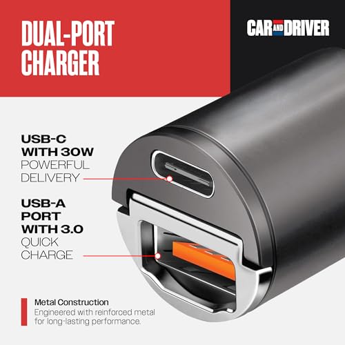 Car and Driver 30W USB-C Fast Car Charger, Dual Port Cigarette Lighter Adapter with USB-C & USB-A Fast Charging for iPhone 17/16/15/14/13, Samsung Galaxy S25/S24/S23, Android Phones, iPad