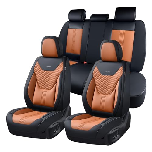 Coverado Car Seat Covers Full Set, Front Seat Covers with Lumbar Support and Back Seat Cover Waterproof Leather Automotive Seat Cover, Universal Car Interior Protectors Cushion for Most Cars - color: 2618-Black-Brown, size: FullSet