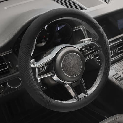 Suede Steering Wheel Cover with Upgraded Silicone Inner Ring, Breathable, Anti-Slip, Leather Universal 14.5 to 15 Inch Steering Wheel Cover (Black with Embossing Pattern) - style: Black with Embossing Pattern