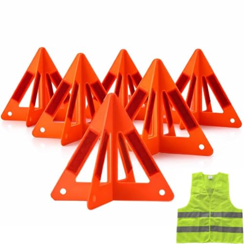 Safety Triangles for Vehicles, 6 Set Emergency Warning Reflective Triangles, Modular Two-Piece Design, High Visibility Roadside Safety Triangles for Car, Truck, SUV