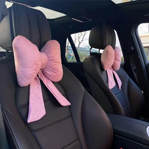 Car Seat Neck Pillow Elegant Bow Car Headrest Pillow Set - Cotton Linen Neck Cushion Universal Fit for Women Comes with 2 Seat Belt Covers (Pink Set 4Pcs) - color: Pink Set 4pcs
