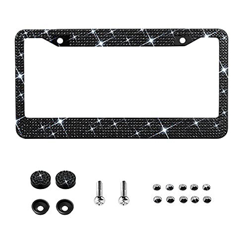 Bling License Plate Frame for Women,Sparkle Crystal Bedazzled Rhinestone License Plate Frames with 1400pcs Rhinestones, Handcrafted Crystal Premium Stainless Steel Frame with Screw Caps (Black) - color: black,bling