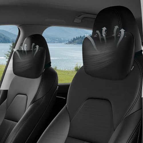 Upgraded Car Seat Neck Pillow - Adjustable Height Headrest Cushions - for Tesla Model 3/Y/S/X High-Elastic Pearl Cotton Inner & Ventilated Nappa Leather - Relieves Neck Pain 2 Pack Black - color: Black