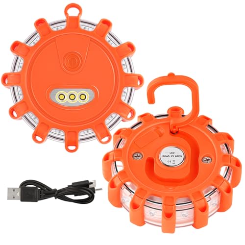 VANCLE USB-C Rechargeable LED Road Flares Roadside Emergency Light, Safety Warning Flashing Flare Beacon Disc Strobe Traffic with Magnetic Base for Construction Vehicles Truck Boat (Amber,2 Pack) - color: Orange, size: 2 Pack